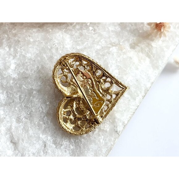 Heart Shaped Textured "I Love You" Rhinestoned and Enameled Brooch - Picture 5 of 10